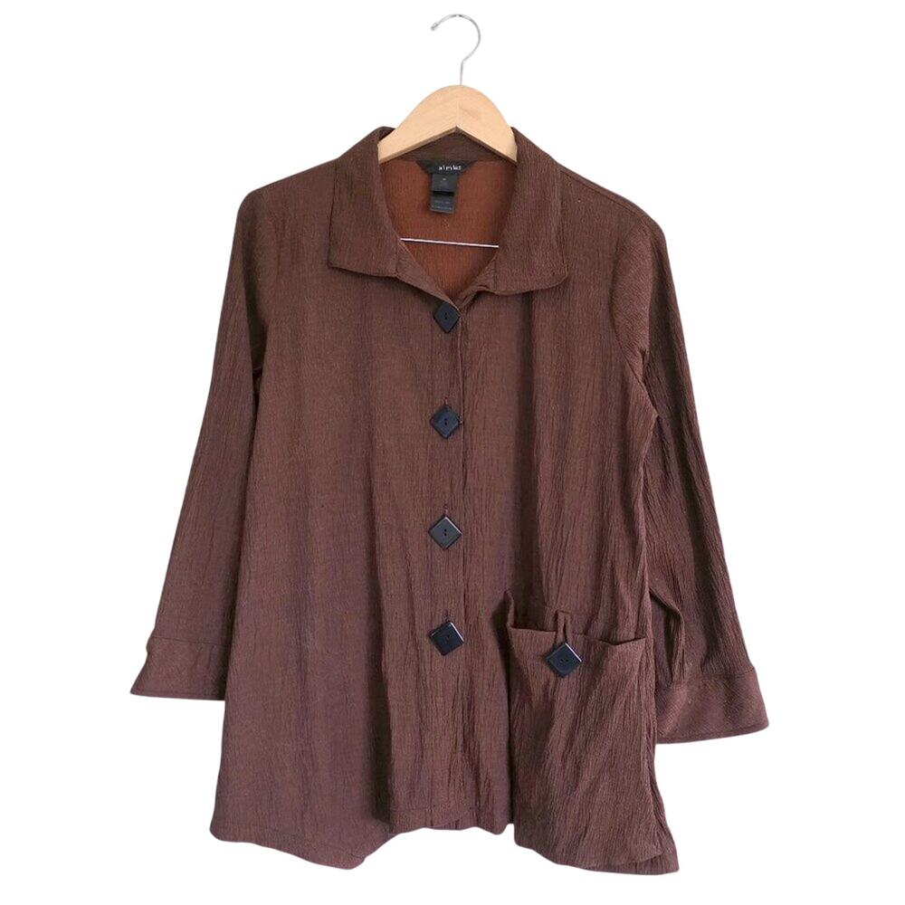 Ali Miles Brown Crinkle Tunic Art Jacket Medium Diamond Button Textured Blouse